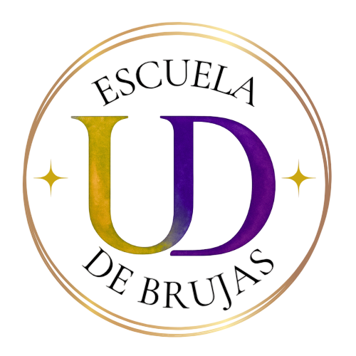 logo escuela de brujas Úrsula Dulcinea. Son iniciales de Úrsula Dulcinea dentro de una bola de cristal con destellos